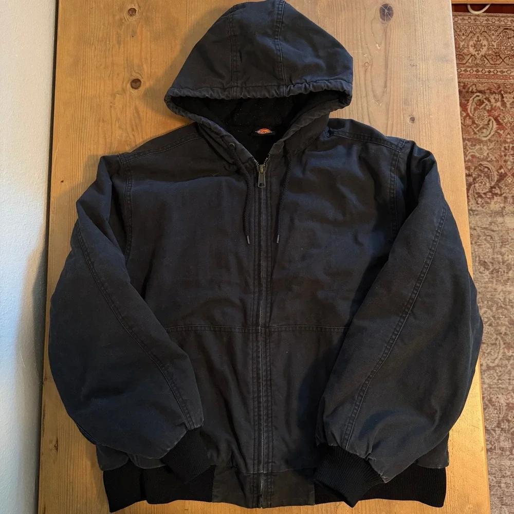 Dickies Mens Duck Canvas Hooded Work Jacket Black Quilted Lined Bomber Coat XL